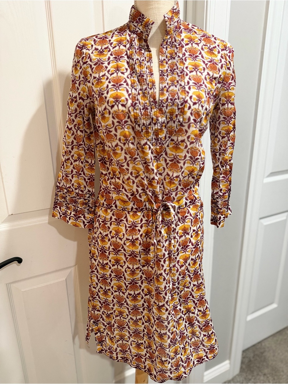 Tory Burch Mustard & Burgundy Floral Tie-Waist Long Sleeve Dress